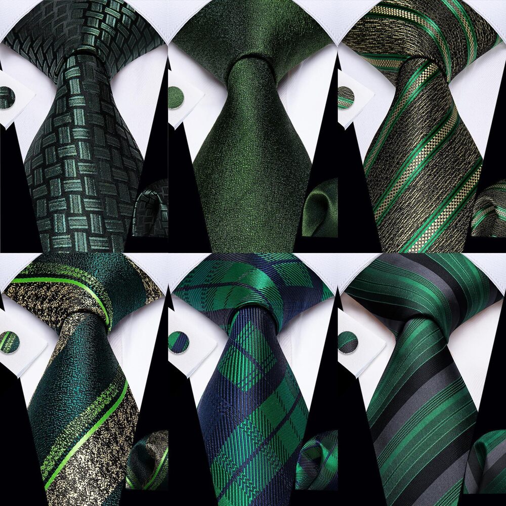9160 Green Tie 6PCS Necktie Set Woven Jacquard Silk Neck Tie Pack Hanky